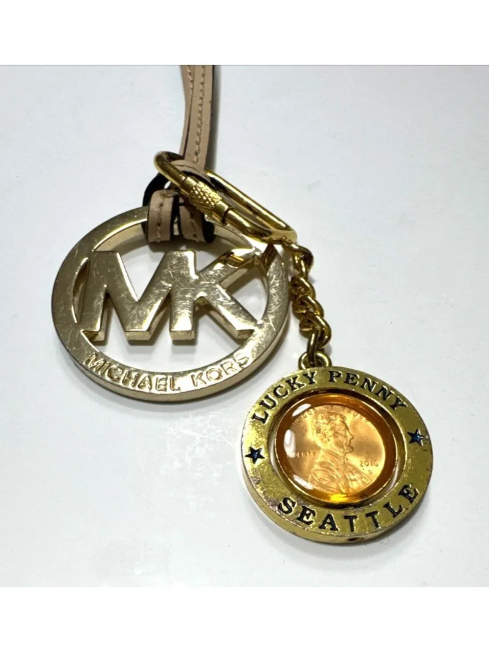 Michael Kors MK Monogram with Penny Logo Bag Charm Key Fob Gold with Tan Leather